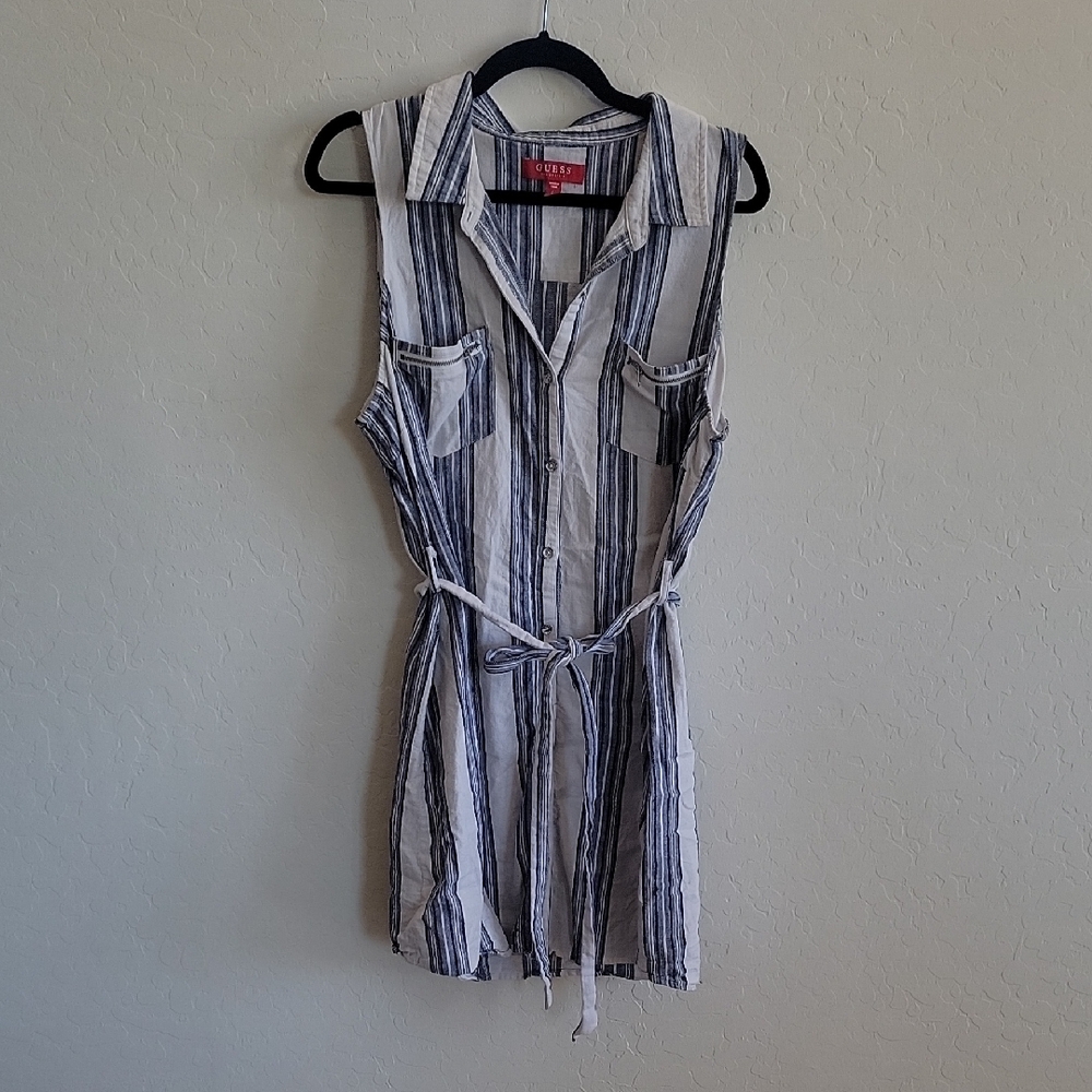Guess White and Blue Buttoned Tie Front Mini Sundress